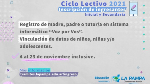 Ciclo Lectivo 2021: Inscripciones de ingresantes a Inicial y Secundaria a través del "Voz por Vos"